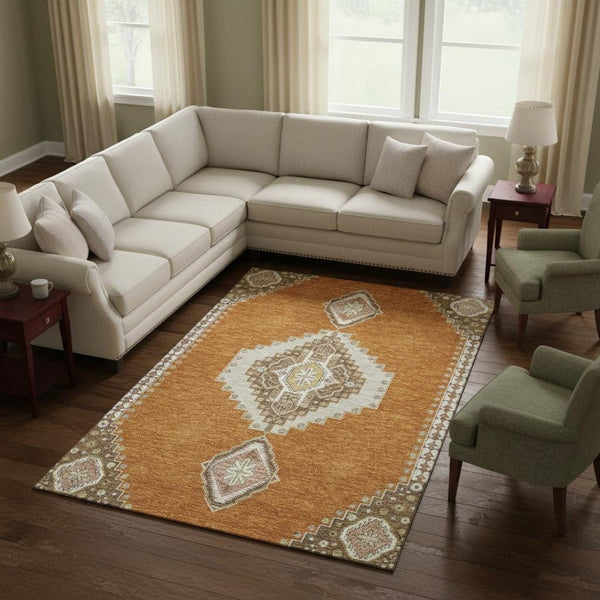 HomeRoots 8' X 10' Stunning Copper Gold Beige Oriental Area Rug - Washable, UV Protected, Stain Resistant Design 679556