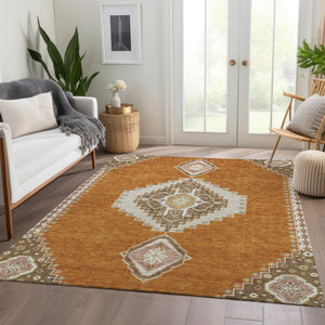 HomeRoots 8' X 10' Stunning Copper Gold Beige Oriental Area Rug - Washable, UV Protected, Stain Resistant Design 679556