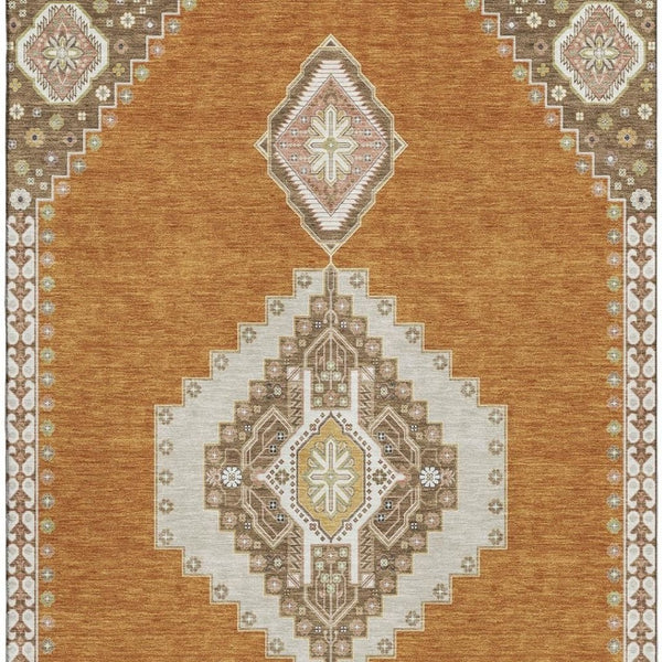 HomeRoots 8' X 10' Stunning Copper Gold Beige Oriental Area Rug - Washable, UV Protected, Stain Resistant Design 679556