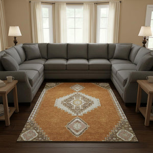 HomeRoots 9' X 12' Elegant Copper Gold Beige Oriental Area Rug - Washable, UV Protected, Durable & Stylish 679557