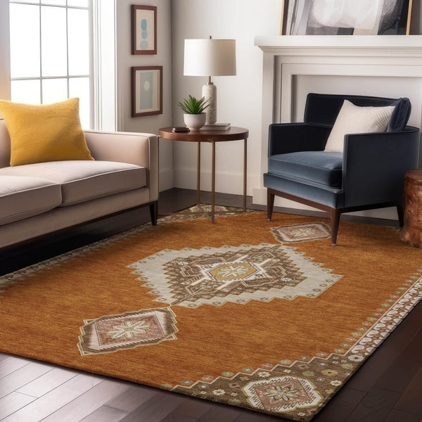 HomeRoots 9' X 12' Elegant Copper Gold Beige Oriental Area Rug - Washable, UV Protected, Durable & Stylish 679557