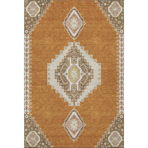 HomeRoots 9' X 12' Elegant Copper Gold Beige Oriental Area Rug - Washable, UV Protected, Durable & Stylish 679557
