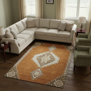 HomeRoots 10' X 14' Copper Gold Beige Oriental Area Rug - Washable, UV Protected, Pet-Friendly Design! 679558