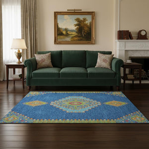HomeRoots 5' Washable Denim Blue, Lime Green & Orange Oriental Area Rug – UV Protected, Perfect for Homes! 679560