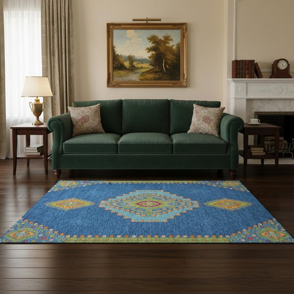 HomeRoots 5' Washable Denim Blue, Lime Green & Orange Oriental Area Rug – UV Protected, Perfect for Homes! 679560