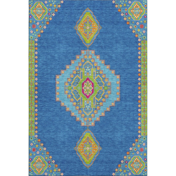 HomeRoots 5' Washable Denim Blue, Lime Green & Orange Oriental Area Rug – UV Protected, Perfect for Homes! 679560