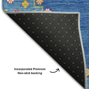 HomeRoots 5' Washable Denim Blue, Lime Green & Orange Oriental Area Rug – UV Protected, Perfect for Homes! 679560