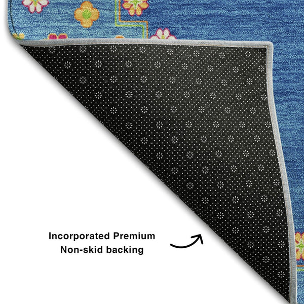 HomeRoots 5' Washable Denim Blue, Lime Green & Orange Oriental Area Rug – UV Protected, Perfect for Homes! 679560