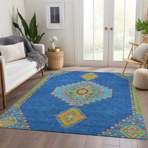 HomeRoots 5' Washable Denim Blue, Lime Green & Orange Oriental Area Rug – UV Protected, Perfect for Homes! 679560