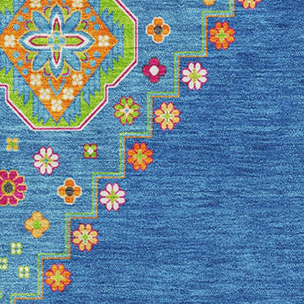 HomeRoots 5' Washable Denim Blue, Lime Green & Orange Oriental Area Rug – UV Protected, Perfect for Homes! 679560