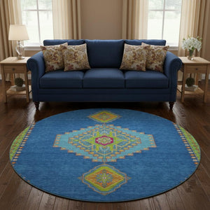 HomeRoots 8' Vibrant Denim Blue, Lime Green & Orange Washable Round Rug with UV Protection for High-Traffic Areas 679561