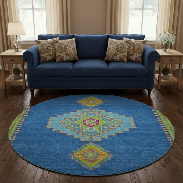 HomeRoots 8' Vibrant Denim Blue, Lime Green & Orange Washable Round Rug with UV Protection for High-Traffic Areas 679561