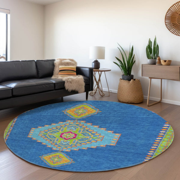 HomeRoots 8' Vibrant Denim Blue, Lime Green & Orange Washable Round Rug with UV Protection for High-Traffic Areas 679561