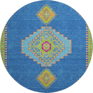 HomeRoots 8' Vibrant Denim Blue, Lime Green & Orange Washable Round Rug with UV Protection for High-Traffic Areas 679561