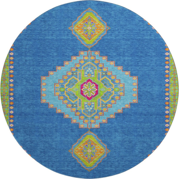 HomeRoots 8' Vibrant Denim Blue, Lime Green & Orange Washable Round Rug with UV Protection for High-Traffic Areas 679561