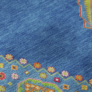 HomeRoots 8' Vibrant Denim Blue, Lime Green & Orange Washable Round Rug with UV Protection for High-Traffic Areas 679561