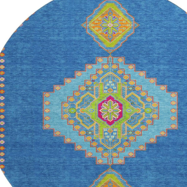 HomeRoots 8' Vibrant Denim Blue, Lime Green & Orange Washable Round Rug with UV Protection for High-Traffic Areas 679561