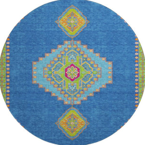 HomeRoots 8' Vibrant Denim Blue, Lime Green & Orange Washable Round Rug with UV Protection for High-Traffic Areas 679561