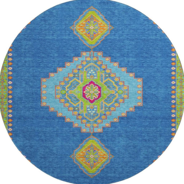 HomeRoots 8' Vibrant Denim Blue, Lime Green & Orange Washable Round Rug with UV Protection for High-Traffic Areas 679561