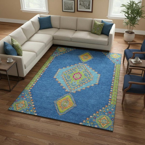 HomeRoots 8' X 10' Vibrant Denim Blue, Lime Green & Orange Washable Area Rug with UV Protection for Homes 679562