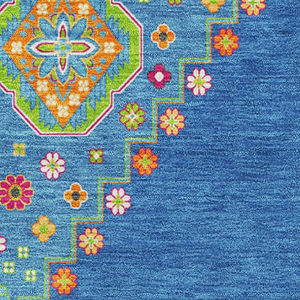 HomeRoots 8' X 10' Vibrant Denim Blue, Lime Green & Orange Washable Area Rug with UV Protection for Homes 679562