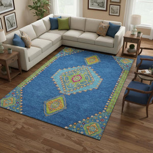 HomeRoots 9' X 12' Washable Oriental Area Rug in Denim Blue, Lime Green & Orange - Stain & UV Resistant 679563