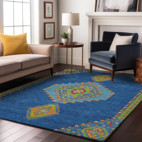 HomeRoots 9' X 12' Washable Oriental Area Rug in Denim Blue, Lime Green & Orange - Stain & UV Resistant 679563