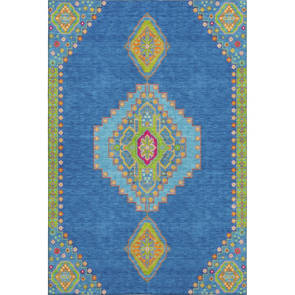 HomeRoots 9' X 12' Washable Oriental Area Rug in Denim Blue, Lime Green & Orange - Stain & UV Resistant 679563