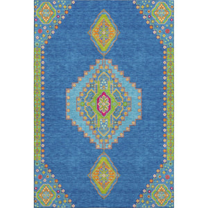 HomeRoots 9' X 12' Washable Oriental Area Rug in Denim Blue, Lime Green & Orange - Stain & UV Resistant 679563