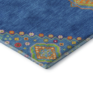 HomeRoots 9' X 12' Washable Oriental Area Rug in Denim Blue, Lime Green & Orange - Stain & UV Resistant 679563
