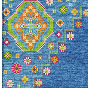 HomeRoots 9' X 12' Washable Oriental Area Rug in Denim Blue, Lime Green & Orange - Stain & UV Resistant 679563