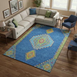 HomeRoots 10' X 14' Vibrant Denim Blue, Lime Green & Orange Washable Oriental Area Rug with UV Protection 679564