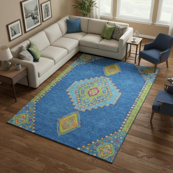 HomeRoots 10' X 14' Vibrant Denim Blue, Lime Green & Orange Washable Oriental Area Rug with UV Protection 679564