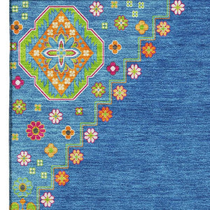 HomeRoots 10' X 14' Vibrant Denim Blue, Lime Green & Orange Washable Oriental Area Rug with UV Protection 679564