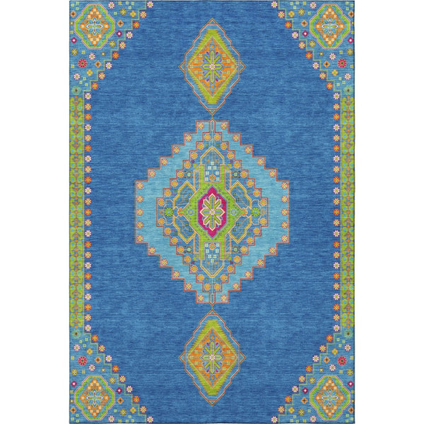 HomeRoots 10' X 14' Vibrant Denim Blue, Lime Green & Orange Washable Oriental Area Rug with UV Protection 679564