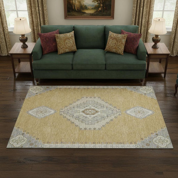 HomeRoots 5' X 8' Gold Ivory Gray Oriental Area Rug - Washable, UV Protected, Stain Resistant for Any Room 679566