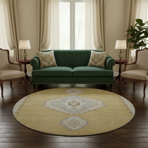 HomeRoots 8' Gold Ivory and Gray Oriental Washable Round Rug – Durable, Stylish, UV Protected for Busy Homes 679567