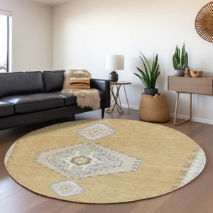 HomeRoots 8' Gold Ivory and Gray Oriental Washable Round Rug – Durable, Stylish, UV Protected for Busy Homes 679567
