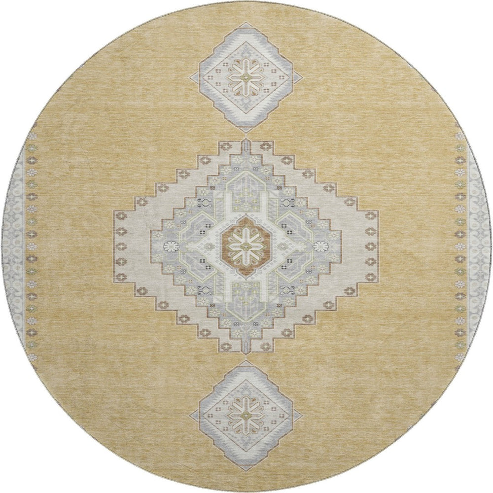 HomeRoots 8' Gold Ivory and Gray Oriental Washable Round Rug – Durable, Stylish, UV Protected for Busy Homes 679567