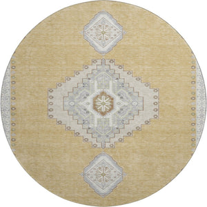 HomeRoots 8' Gold Ivory and Gray Oriental Washable Round Rug – Durable, Stylish, UV Protected for Busy Homes 679567