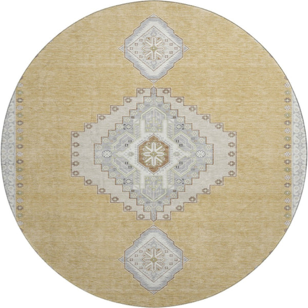 HomeRoots 8' Gold Ivory and Gray Oriental Washable Round Rug – Durable, Stylish, UV Protected for Busy Homes 679567