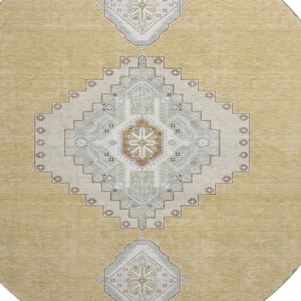 HomeRoots 8' Gold Ivory and Gray Oriental Washable Round Rug – Durable, Stylish, UV Protected for Busy Homes 679567