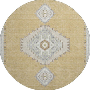 HomeRoots 8' Gold Ivory and Gray Oriental Washable Round Rug – Durable, Stylish, UV Protected for Busy Homes 679567