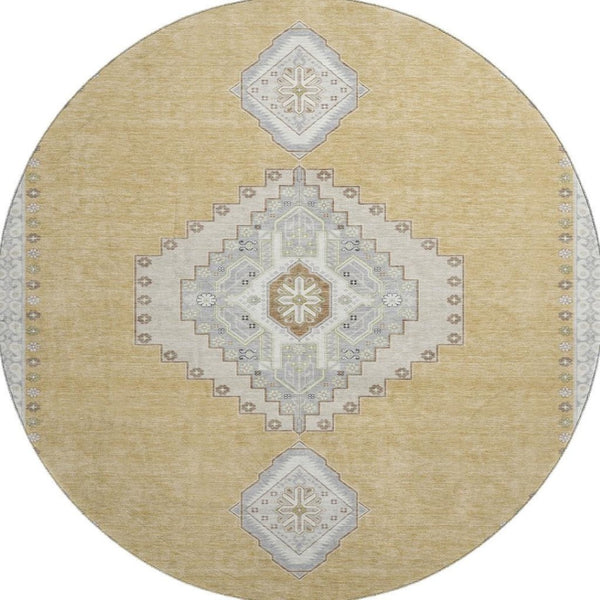 HomeRoots 8' Gold Ivory and Gray Oriental Washable Round Rug – Durable, Stylish, UV Protected for Busy Homes 679567
