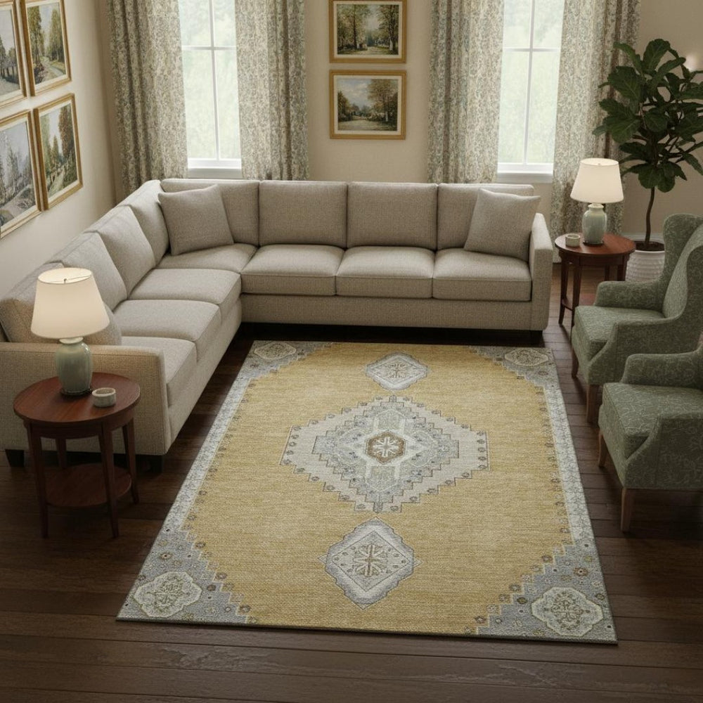 HomeRoots 8' X 10' Timeless Gold, Ivory & Gray Oriental Washable Area Rug with UV Protection for Busy Homes 679568