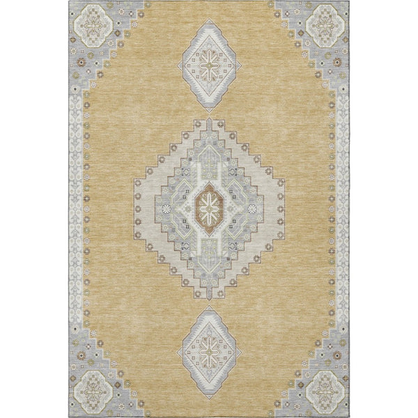 HomeRoots 8' X 10' Timeless Gold, Ivory & Gray Oriental Washable Area Rug with UV Protection for Busy Homes 679568