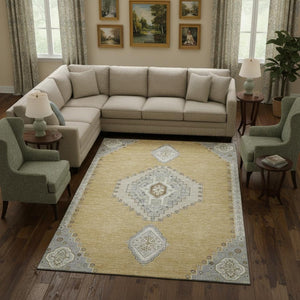 HomeRoots 9' X 12' Gold, Ivory & Gray Oriental Area Rug - Washable, UV Protected, Stain Resistant, Non-Slip 679569