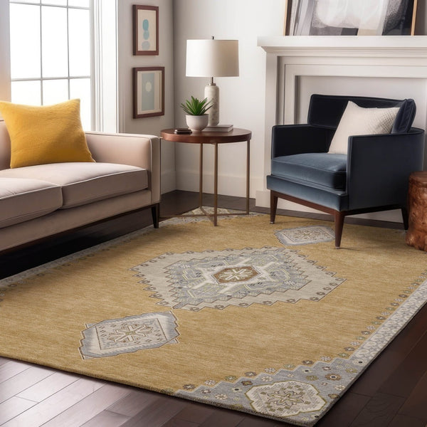 HomeRoots 9' X 12' Gold, Ivory & Gray Oriental Area Rug - Washable, UV Protected, Stain Resistant, Non-Slip 679569