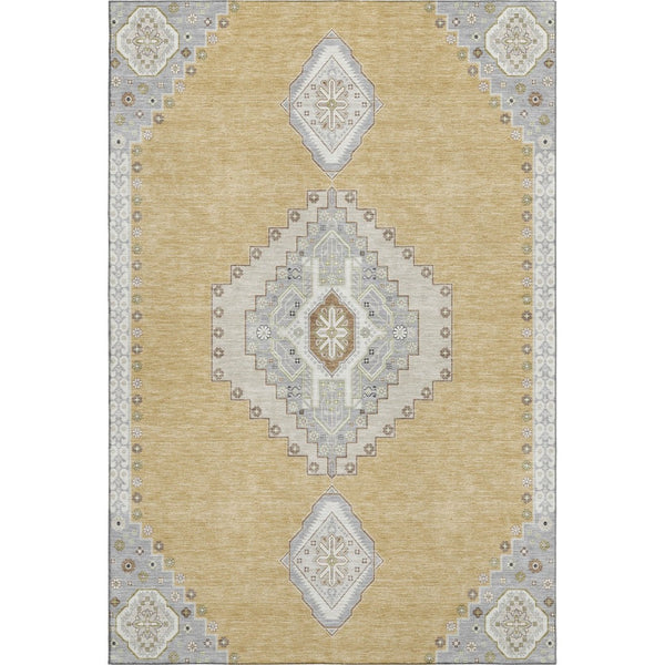 HomeRoots 9' X 12' Gold, Ivory & Gray Oriental Area Rug - Washable, UV Protected, Stain Resistant, Non-Slip 679569