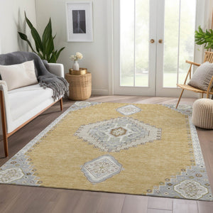 HomeRoots 9' X 12' Gold, Ivory & Gray Oriental Area Rug - Washable, UV Protected, Stain Resistant, Non-Slip 679569